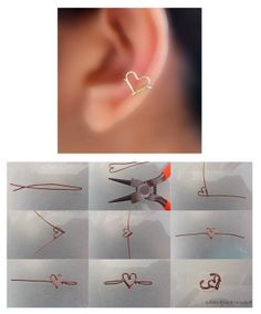 there are many pictures of different types of ear piercings in the picture, and one has a heart on it