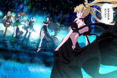 an anime scene with four women and one man standing in front of the camera, all wearing