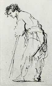 a black and white drawing of a woman bending over