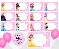 disney princess food tent cards with balloons