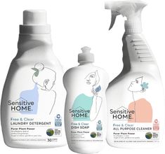 three bottles of sanitize home products on a white background