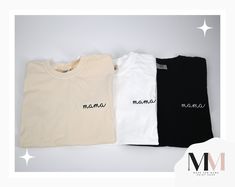 Professionally embroidered MAMA tees.  Embroidery is done on the left chest  Select the color shirt you would like from the drop down menu!  These are embroidered on comfort colors shirts UNISEX FIT  SHORT SLEEVE 100% RINGSPUN COTTON Want a different color? Checkout our shop for other color options!  Want a different word? Just message us & we will let you know if we can! Family Matching White T-shirt With Embroidered Text, White Family Matching T-shirt With Embroidered Text, White Embroidered T-shirt For Family Matching, Family Matching Cotton Tops With Custom Embroidery, White Basic T-shirt With Custom Embroidery, Basic White Embroidered T-shirt, White Short Sleeve Top With Custom Embroidery, Best Friend Love, Mama Tee