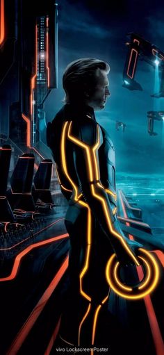 a man standing in front of a futuristic city at night with neon lights on his body