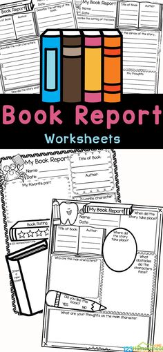 the book report worksheet is shown with books on top and in the background