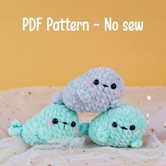 two stuffed animals sitting on top of each other in front of a yellow background with the words pdf pattern - no sew