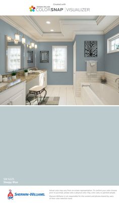 a bathroom with blue walls and white fixtures on the ceiling is featured in this brochure