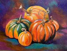 a painting of three pumpkins on a purple background with green, orange and yellow colors