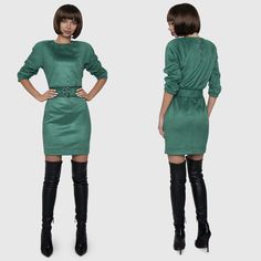 - The Green Dress is made of high quality suede fabric. - The top of the suede mini dress is completely on a natural lining, for your comfort there is a zipper on the back and a hidden zipper is sewn on the side. - The Dress complemented by a wide belt with a buckle. Fabric structure: 60% cottone 45% polyester 5% elastane Lining: 100% viscose Model parameters: Bust 85 см Waist 61 см Hips 90 см Height of model 173 см Model size XS Green Long Sleeve Belted Mini Dress, Green Velvet Dress For Fall, Green Velvet Fall Dress, Elegant Green Belted Mini Dress, Chic Green Velvet Dress, Green Belted Mini Dress For Work, Green Winter Mini Dress For Work, Royal Green Dress, Green Suede Dress