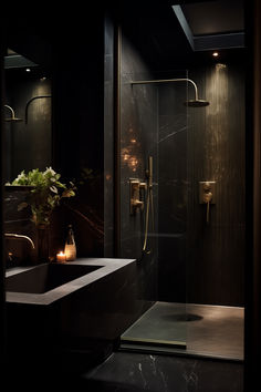 Imagine a luxurious bathroom with opulent noir designs, featuring dark elegance and stylish fixtures.