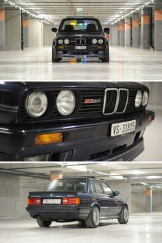 the front and side view of a black car