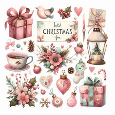 a bunch of christmas decorations and gifts on a white background with the words just christmas for