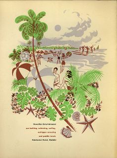 an old poster with people on the beach and palm trees