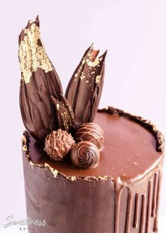 a chocolate cake with gold leaf decoration on top and frosting in the middle,