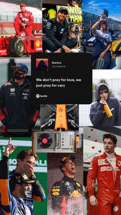 the collage shows many different people in racing outfits and one is holding a microphone