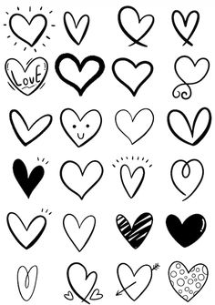 hearts drawn in black and white with the words love written on each heart, as well as