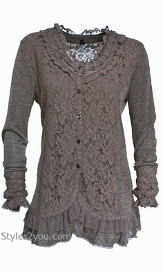 Starletta Tunic/Cardiagn In Brown Fitted Fall Sweater With Lace Trim, Winter Layering Sweater With Lace Trim, Fall Lace Top For Layering, Lace Top For Layering, Crochet Lace Top For Layering, Fall Lace Top With Lace Trim, Fall Sweater With Lace Trim For Layering, Fall Lace Top With Patchwork For Layering, Winter Lace Trim Cardigan For Layering