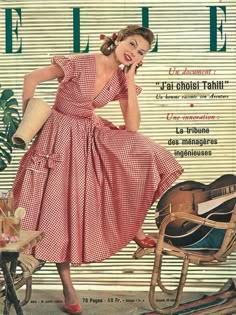 1953 Fashion, Vintage Housewife Outfit, Retro Housewife Outfit, 1950s Fashion Magazine, 1955 Fashion, Red Gingham Aesthetic, 50s Housewife Outfit, Vintage 1950s Aesthetic, 1950s Fashion Photography