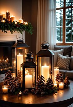 a living room filled with lots of lit candles and christmas decorations on top of a table