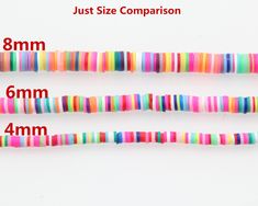 three different sizes of colorful striped beads on a white background with measurements for each bead