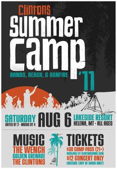 the summer camp flyer is shown with an image of people in silhouettes and palm trees