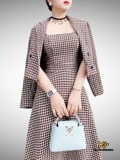 Small Jacket Outfit, Dress And Jacket Outfit Formal, Cool Summer Outfits, Houndstooth Dress, Classy Dress Outfits, Check Dress, Elegant Dresses For Women, Chiffon Long Sleeve, Dress Measurements