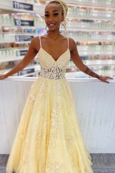 Lace-Up Yellow V-Neck Appliques A-Line Long Formal Dress Lace V-neck Gown For Prom, Yellow Sleeveless Gown For Prom Season, V-neck Lace Bodice Prom Gown, Yellow Ball Gown For Prom Season, Elegant Yellow Gown For Debutante Ball, Elegant Yellow Dress For Debutante Ball, V-neck Gown With Lace Back For Prom, V-neck Evening Dress With Lace Back For Prom, V-neck Lace Prom Gown