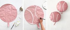 three pictures of pink tennis balls being made out of paper