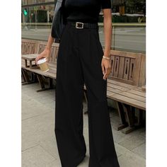 Solid Wide Leg Pants Without Belt Size 6 ( Medium) Color: Black Composition: 80% Polyester, 20% Rayon Design: Plain Style: Casual, Elegant Thickness: Regular Sheer: No Material: Woven Fabric Occasion: Leisure, Work Size & Fit Pants Length: Long Pants Stretch: Non-Stretch Fit Type: Regular Fit The Images Displayed Are From Stock Photos And Have Been Acquired From Wholesale Suppliers. We Are Happy To Take Photos Upon Request. Fast Shipping Loose Pants Outfit, Black Wide Leg Trousers, Wide Leg Dress Pants, Tie Front Cardigan, Plain Style, Rayon Pants, Wide Leg Linen Pants, Women Street, Wholesale Suppliers