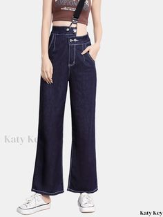 Katykey - Womens Asymmetrical Waist Denim Jeans with Shoulder Straps, High Waist Loose Fit Straight Pants - Fashionable Clothing for a Casual Look Versatile High Waist Flare Jeans With Pockets, Chic Baggy Dark Wash Bottoms, Versatile High Waist Jeans For Spring, Trendy Dark Wash Wide Leg Pants For Spring, Versatile High Waist Denim Wide Leg Pants, Versatile High-waist Denim Wide Leg Pants, Versatile High Rise Wide Leg Pants For Summer, Trendy Dark Wash Wide Leg Summer Pants, Trendy Dark Wash Wide Leg Pants For Summer