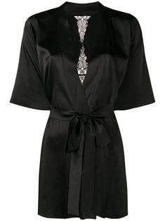 Black Silk 90%, Polyamide 3%, Polyester 2%, Elastane 5% Onyx lace-embroidered robe from Fleur Of England featuring a v-neck, a belted waist and short sleeves. Underwear and lingerie must be tried on over your own garments. | Fleur of England Onyx lace-embroidered robe Elegant Nightgown, Embroidered Robes, Belted Robe, Versace Outfit, City Dress, Dolce E Gabbana, Summer Beach Wear, Long Black, Black Silk