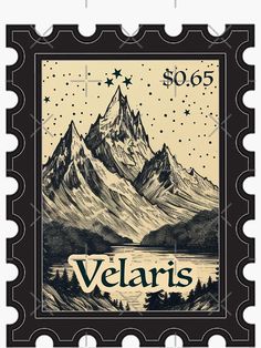 a stamp with an image of mountains and stars on it