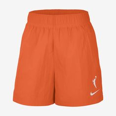 Celebrate the league you love with these water-repellent, sweat-wicking WNBA shorts. This lightweight crinkle woven fabric is lined with mesh for a soft, breathable feel. Nike Sporty Swim Trunks With Moisture-wicking, Nike Athletic Nylon Shorts With Elastic Waistband, Nike Nylon Swim Trunks For Sports, Nike Casual Swim Trunks In Nylon, Nike Casual Nylon Swim Trunks, Sporty Nike Nylon Swim Trunks, Nike Sporty Nylon Swim Trunks, Nike Breathable Nylon Athletic Shorts, Nike Nylon Athletic Shorts For Outdoor