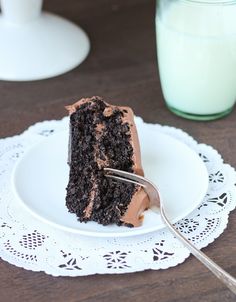 a piece of chocolate cake on a white plate with a fork and glass of milk