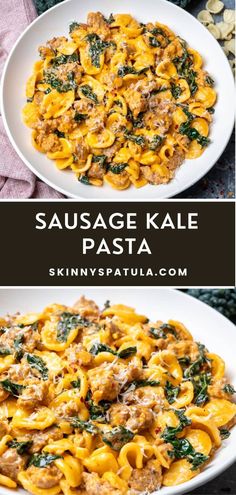 sausage kale pasta with spinach and cheese in a white bowl on a table