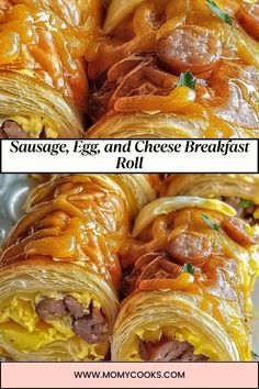 sausage, egg and cheese breakfast roll is shown in two different pictures with the title above it