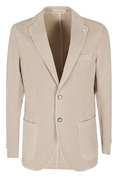 Jacket - L. B. M. - Cotton - Biscuit color - Classic lapels, long sleeve, single breasted - Two patch pockets Designer Long Sleeve Cotton Blazer, Designer Cotton Outerwear For Formal Occasions, Elegant Cotton Outerwear With Patch Pockets, Designer Long Sleeve Blazer With Pockets, Designer Beige Cotton Outerwear, Luxury Cotton Formal Outerwear, Luxury Cotton Outerwear For Spring, Luxury Cotton Outerwear For Formal Occasions, Luxury Long Sleeve Cotton Outerwear