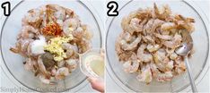 two pictures showing how to make shrimp and seasoning