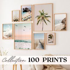 a living room with pictures on the wall and text overlay that reads collection 100 prints