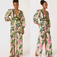 Nwt Farm Rio Anthropologie Deep V-Neck Wide Leg Jumpsuit Size Xs. No Visible Tears Or Stains. - V Neck - Side Zip - Puff Balloon Long Sleeve - Tropical Pink And Green Print - Wide Leg - Side Pockets Feminine V-neck Jumpsuits And Rompers, Pink Floral Print V-neck Jumpsuit/romper, Pink Floral Print V-neck Jumpsuit, Dark Blue Jumpsuit, Beautiful Jumpsuits, Bell Sleeve Romper, Bird Dress, Belted Romper, Black Playsuit