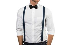 Navy Suspenders & Black Bow Tie Classic Fitted Belts And Suspenders For Wedding, Fitted Suspenders For Groom Suit And Tie Accessories, Classic Suspenders For Suit And Tie At Party, Elegant Suspenders For Party Suit Accessories, Fitted Belts And Suspenders For Summer Party, Classic Wedding Belts And Suspenders With Bow Tie, Classic Bow Tie With Suspenders For Party, Classic Party Bow Tie With Suspenders, Fitted Black Belts And Suspenders For Party