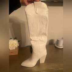 Cute Cowgirl Boots. Brand New! Never Worn! White Western Wide Calf Heeled Boots, Whute Cowgirl Boots, Whitle Long Cowgirl Boots, Long Boots With Heels, Bronx Boots, White Weatern Boots, Aztec Boots, Red Heel Boots, White Fitted Western-style Heeled Boots