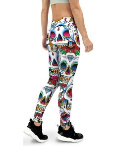 Super soft, stretchy and comfortable yoga pants in Colorful Dead - Sugar Skull print. 100% sewed by hand with care and are made of 82% polyester and 18% spandex. Comfortable Yoga Pants, 100 Squats, Squat Proof, Skull Print, Sugar Skull, Yoga Pants, Yoga Fitness, Yoga Poses, Quality Fabric