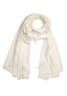 This stunning Ivory scarf is woven from a very fine cashmere. The uniqueness of this scarf is a prominent collar made from a combination of tonal Ivory satin leaves and feathers making it a must-have Maneesha Ruia signature creation that will make heads turn whilst keeping you fashionably warm on any evening out. Gifted Hands, Red Satin, Cashmere Scarf, Black Satin, Neck Tie, Must Haves, Cashmere, Satin, Unique Designs