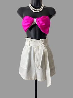 Pink Bow White Bandeau Strapless Bikini Top Barbiecore Retro Style White Bandeau, Paper Bag Shorts, Pink Bow, Savannah Chat, Bright White, Retro Style, Retro Fashion, Color Block, High Waisted