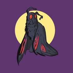 a black bird with red eyes sitting in front of a full moon on a purple background