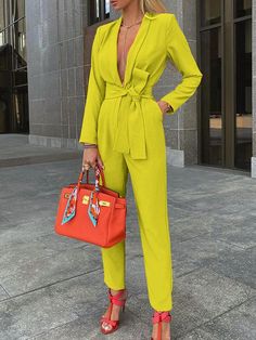 Pantalon Orange, Workwear Women, Slim Jumpsuit, Slim Bodysuit, Orange Pants, Summer Playsuit, Hottest Women, Office Outfits Women, Long Romper