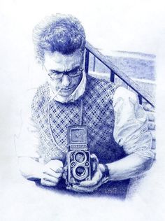 a drawing of a man holding an old fashioned camera