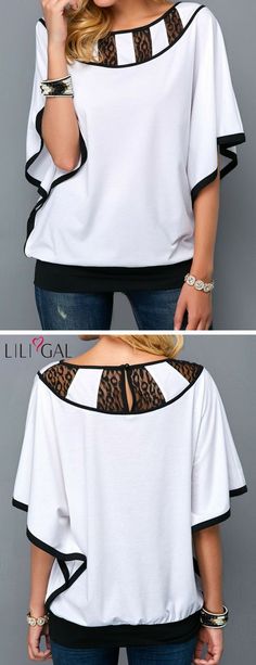 Lace Panel Contrast Binding Batwing Sleeve Blouse #liligal #top #blouse #shirts #tshirt Pretty Tops, Beautiful Tops, Batwing Sleeve Blouse, Stylish Tops For Women, Perfect Blouse, Trendy Tops For Women, Badass Style, Tube Tops, Trendy Fashion Tops