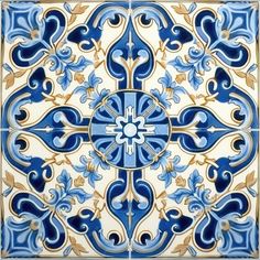 a blue and white tile with an ornate design