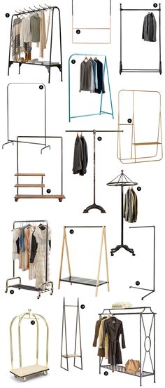 an assortment of clothing racks with clothes hanging on them